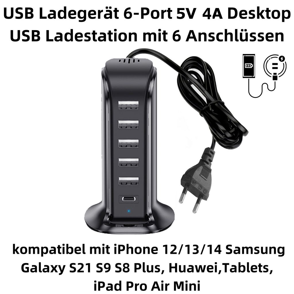 Bolwins 6-Port USB Ladegerät 30W - Mit Netzkabel, Schnellladung Für Bis Zu 6 Geräte, Kompatibel 100-240V (EU Stecker)