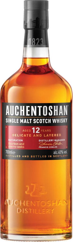 A studio shot of a bottle of Auchentoshan 12 Year Old Single Malt Scotch Whisky.