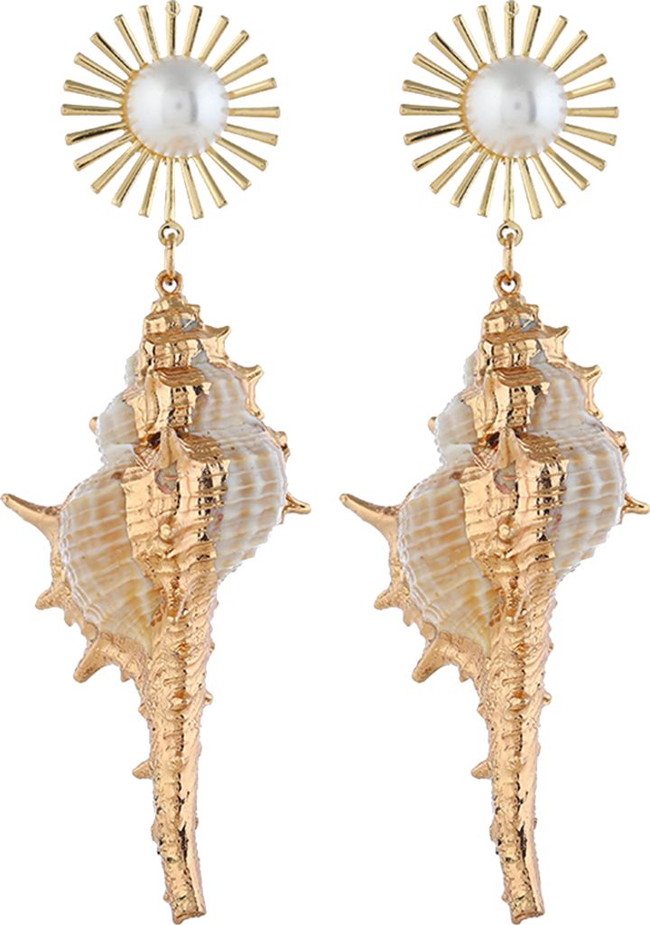 Böhmische Strand-Ohrringe für Damen mit Kunstperleneinlage, Muschel-Anhänger, Statement-Ohrstecker-Beige