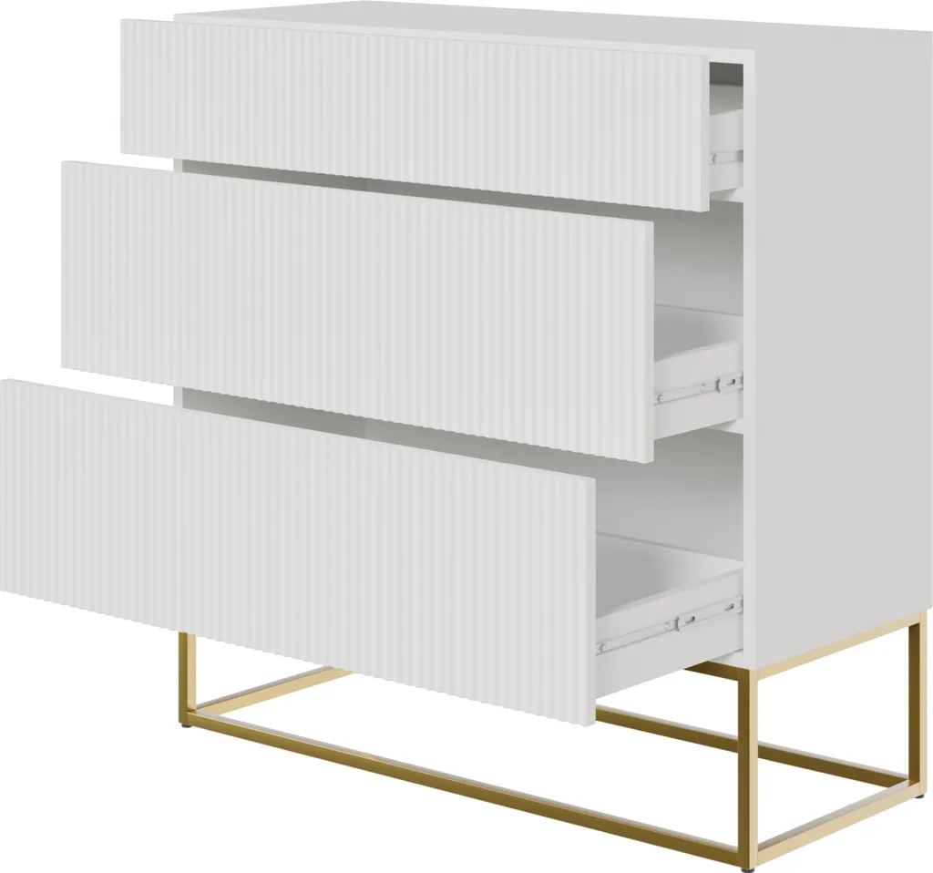 Commode 90 cm blanche VELDIO avec piètement en métal doré chic