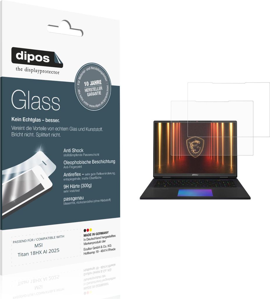 2x Schutzfolie für MSI Titan 18HX AI 2025 matt - Anti-Shock 9H Folie dipos Glass Kunststoffglas