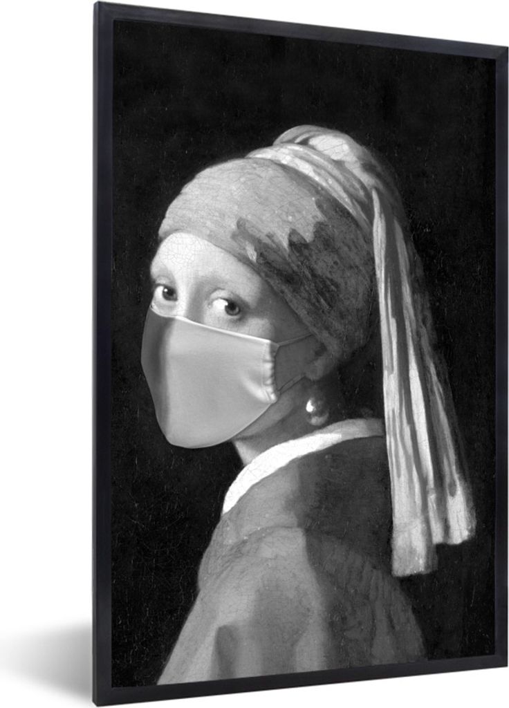 MuchoWow Gerahmtes Poster Das Mädchen mit dem Perlenohrring und der hellblauen Mundhaube - Gemälde von Johannes Vermeer - schwarz-weiß 40x60 c...