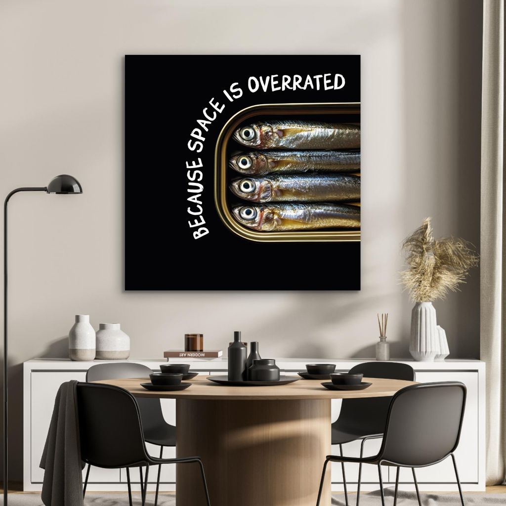 MuchoWow Wanddekoration Metall Metallbild Wandkunst 90x90 cm Sardinen - Text - Fisch - Konserven MuchoWow Aluminium Gemälde - Dekoration - Industr...