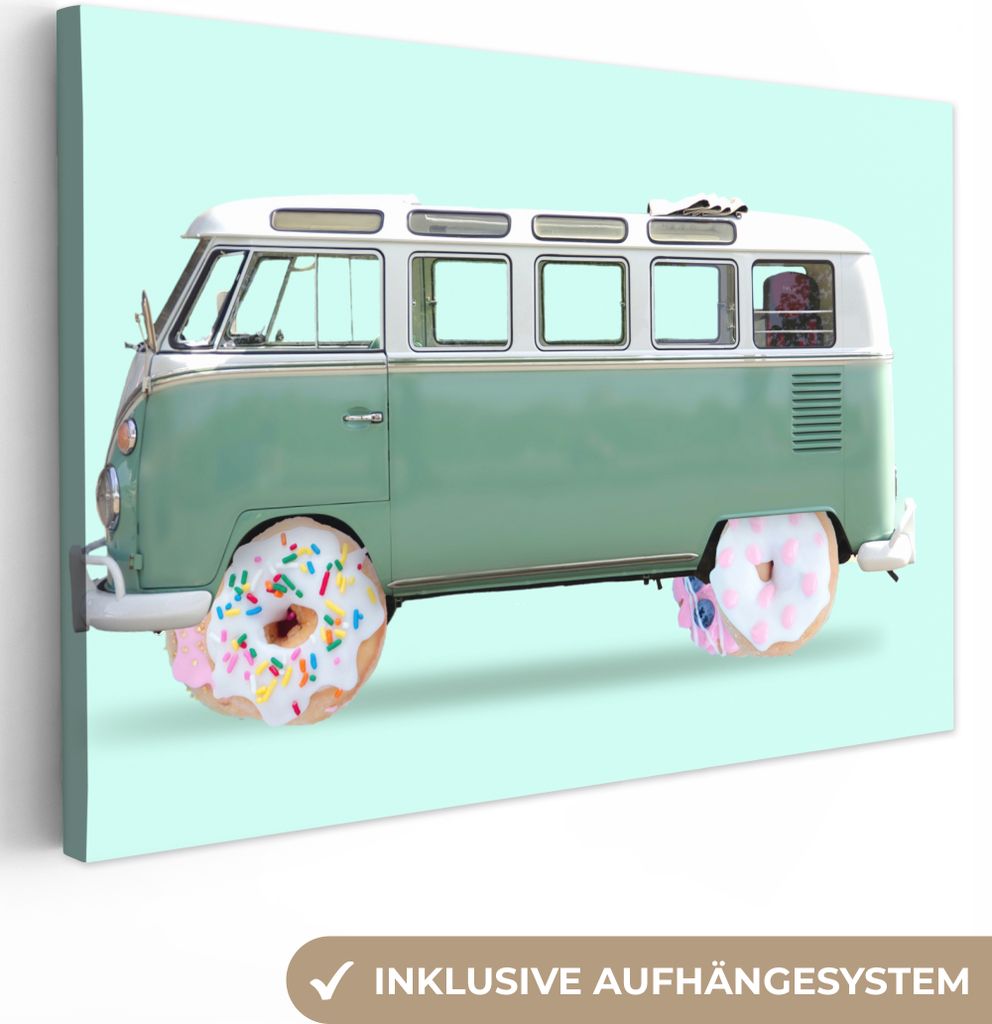 OneMillionCanvasses - Leinwandbilder - 140x90 cm, Donuts - Lieferwagen - Auto - Grün, Wandbilder Kunstdruck Wanddekoration - Foto auf Leinwand -...