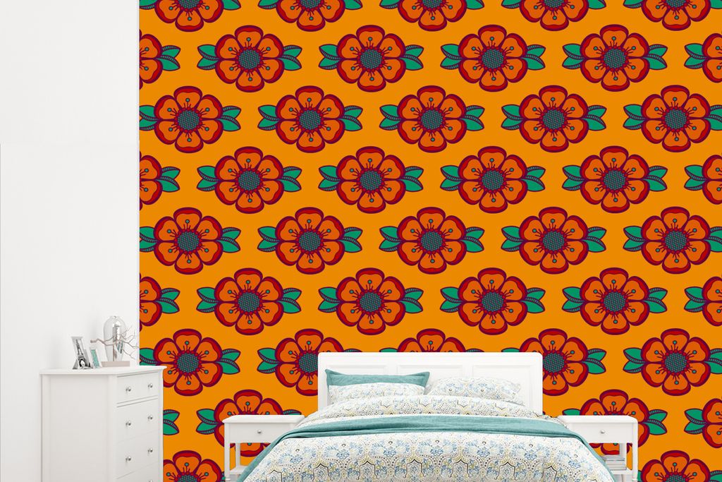 MuchoWow Fototapete für Wohnzimmer oder Schlafzimmer Wandtapete Vinyl Motivtapete Design - Retro - Rosen - Orange - 315x260 cm - Gemustert