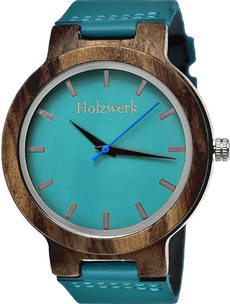 Grande montre femme KAHLA en bois naturel et cuir turquoise hypoallergénique