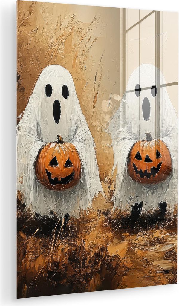 MuchoWow Glasbilder - Bilder auf Wandbild - Foto auf Glas Halloween - Kürbis - Geist - Herbst 60x90 cm Wanddekoration aus Glas - Acrylglasbild - A...