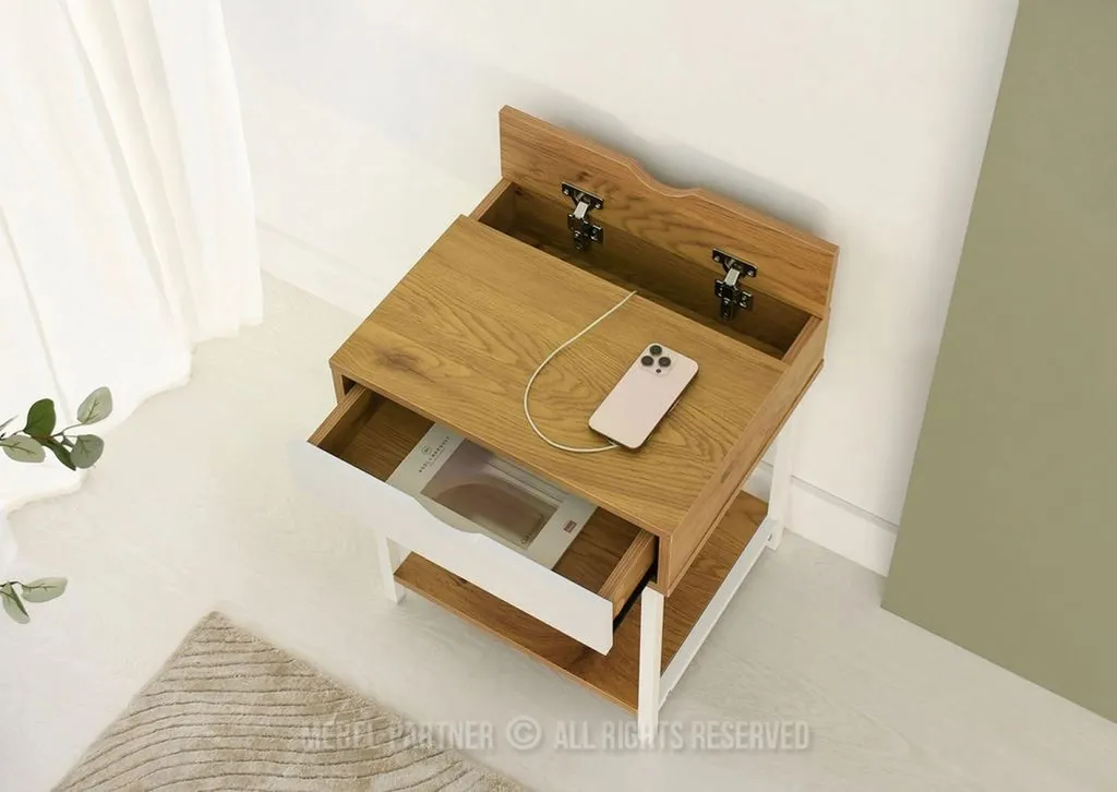 Table de chevet DILMAR en bois et blanc - Finition Chêne de Qualité