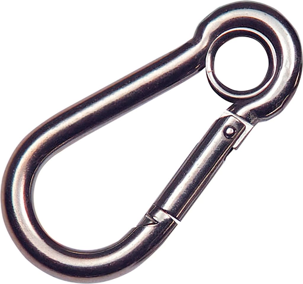 Feuerwehr-Karabinerhaken aus Edelstahl mit Öse. 100 mm. Für den Hausgebrauch.