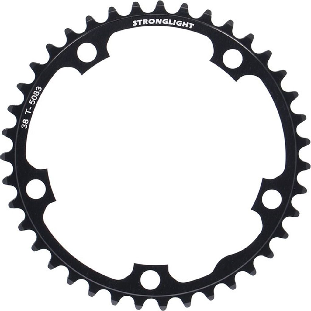 A black bicycle chainring with teeth and circular cutouts, set against a white background.