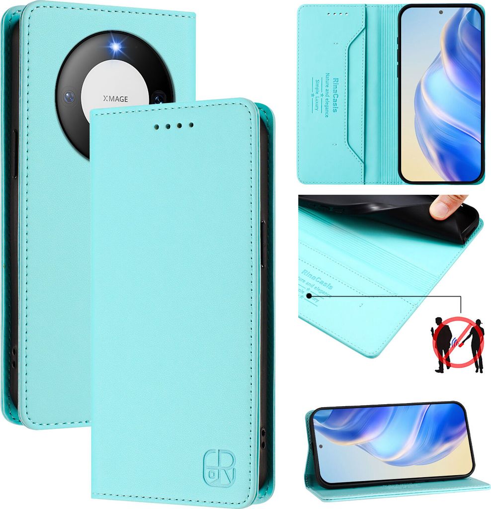 Lederhülle für Huawei Mate 60 Hülle Flip Brieftasche Kartenfächern Ständer Schutzhülle Türkis