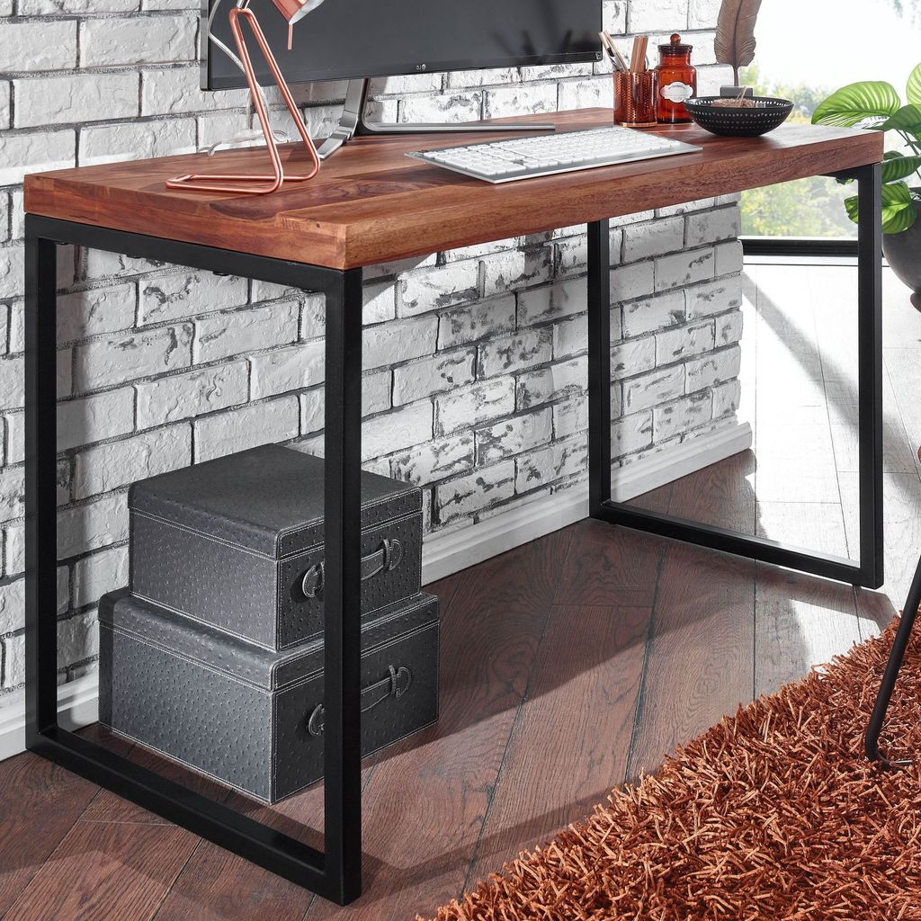 FineBuy Schreibtisch Sheesham Massivholz / Metall 117x59x76,5 cm Computertisch Design Bürotisch Klein Dunkel Laptoptisch Arbeitszimmer