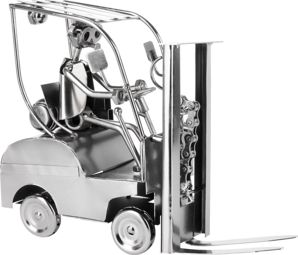 A metal figurine of a forklift with a driver, presented against a white background.