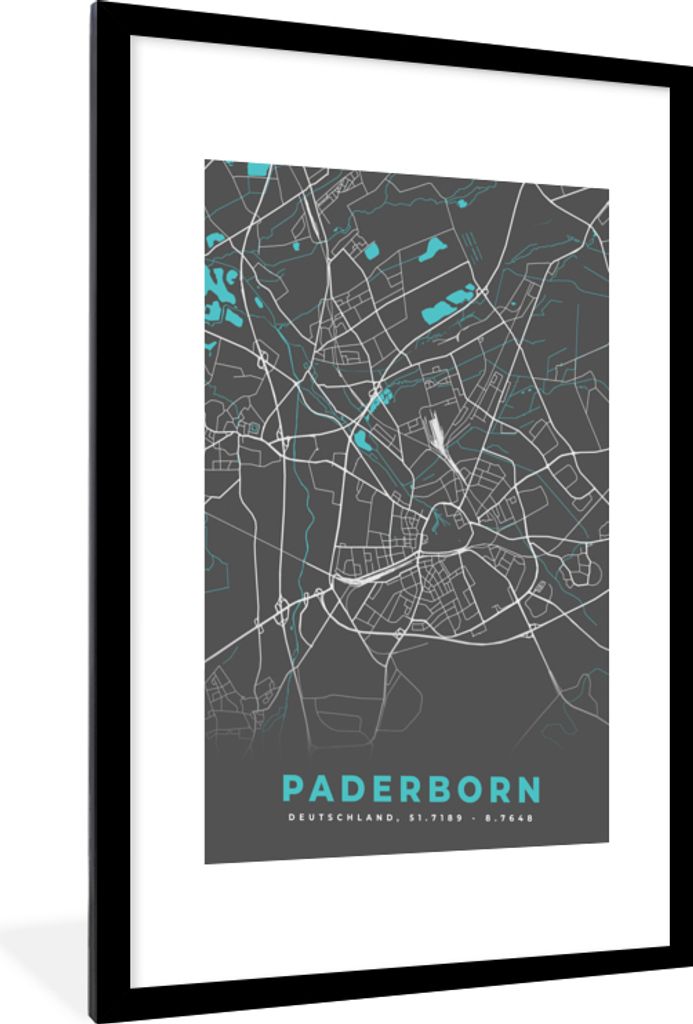 MuchoWow Gerahmtes Poster Karte - Paderborn - Blau - Stadtplan - Deutschland 60x90 cm - Poster mit Schwarzem Bilderrahmen Wandposter Rahmen Foto ...