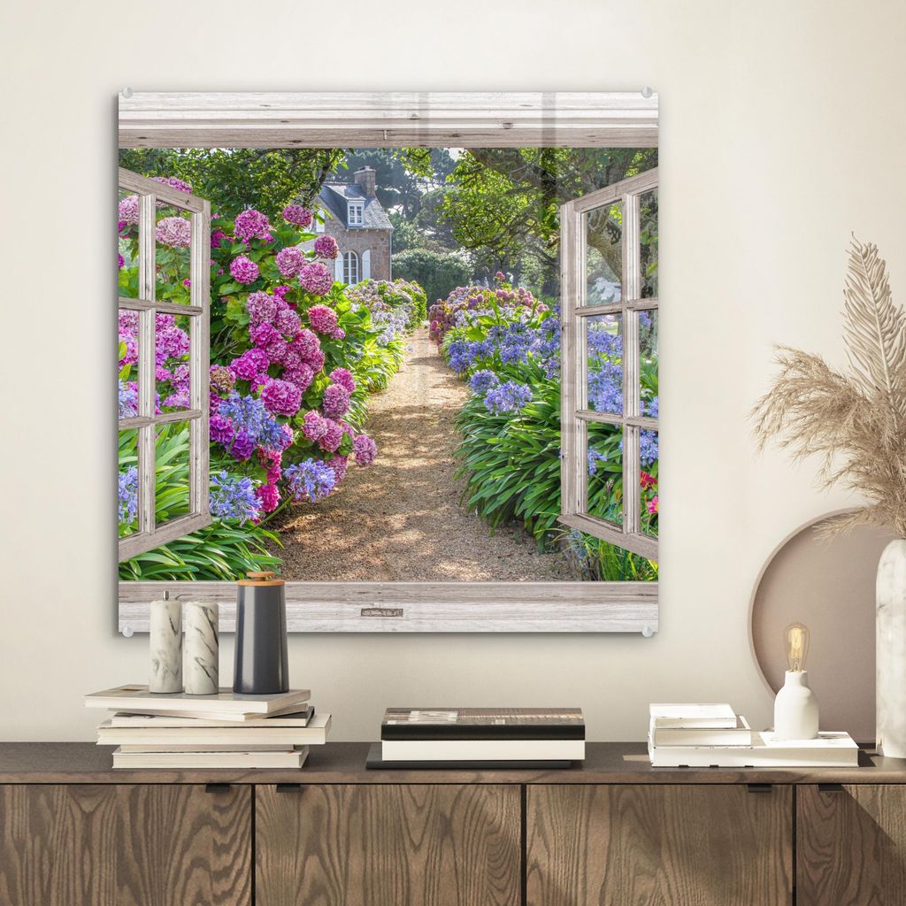 MuchoWow Glasbilder - Bilder auf Wandbild - Foto auf Glas Hortensie - Ansicht - Blumen - Sommer - Lila - Weg 50x50 cm Wanddekoration aus Glas - Acr...