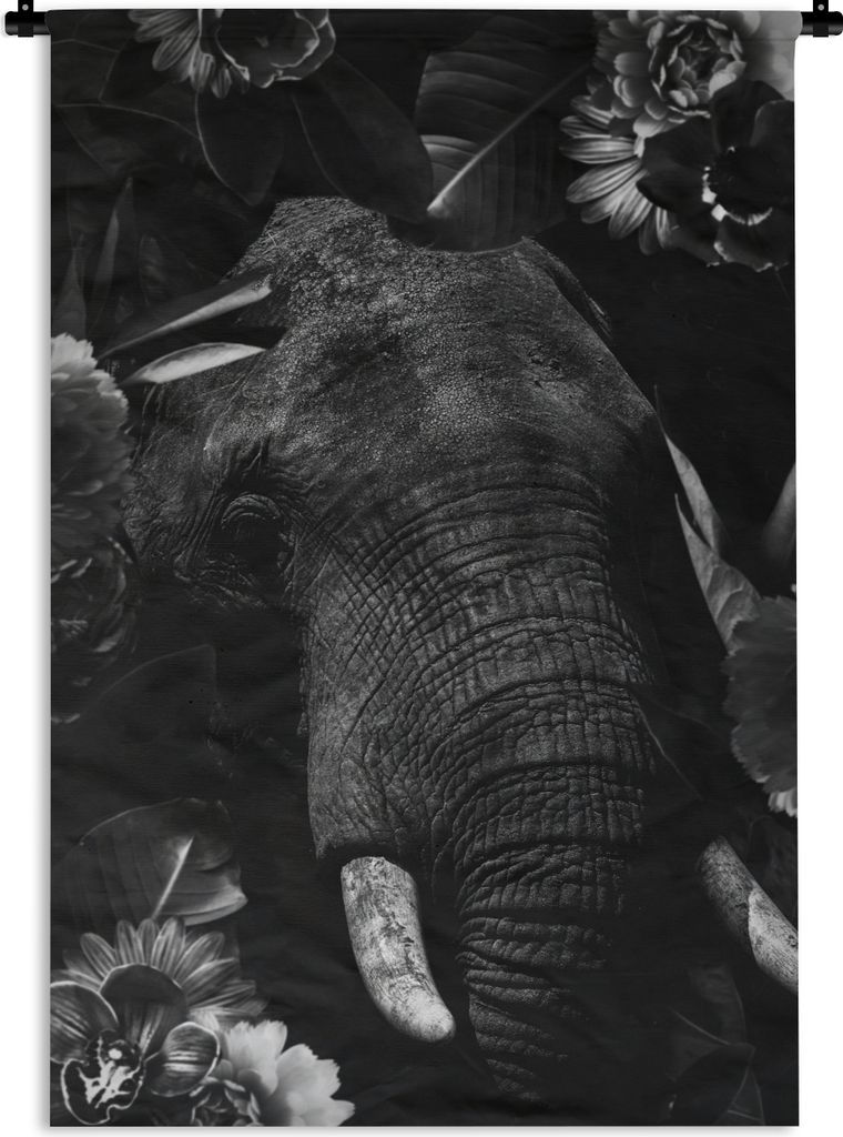 MuchoWow Wandteppich Wandbehang Botanischer Elefant vor dunklem Hintergrund - schwarz und weiß 90x135 cm Tapisserie Dekoration Wandtuch - Baumwo...