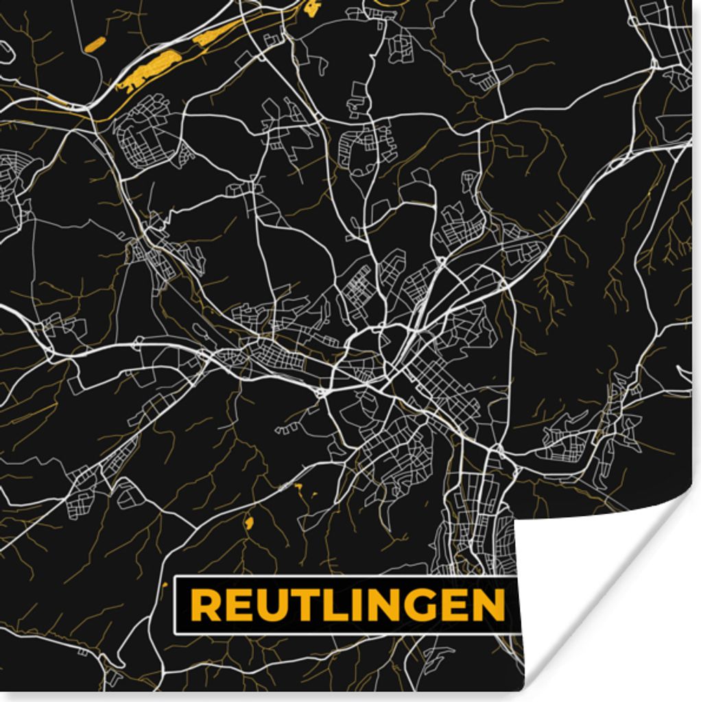 MuchoWow Poster Reutlingen - Stadtplan - Gold - Karte - Deutschland 75x75 cm - Wand Dekoration