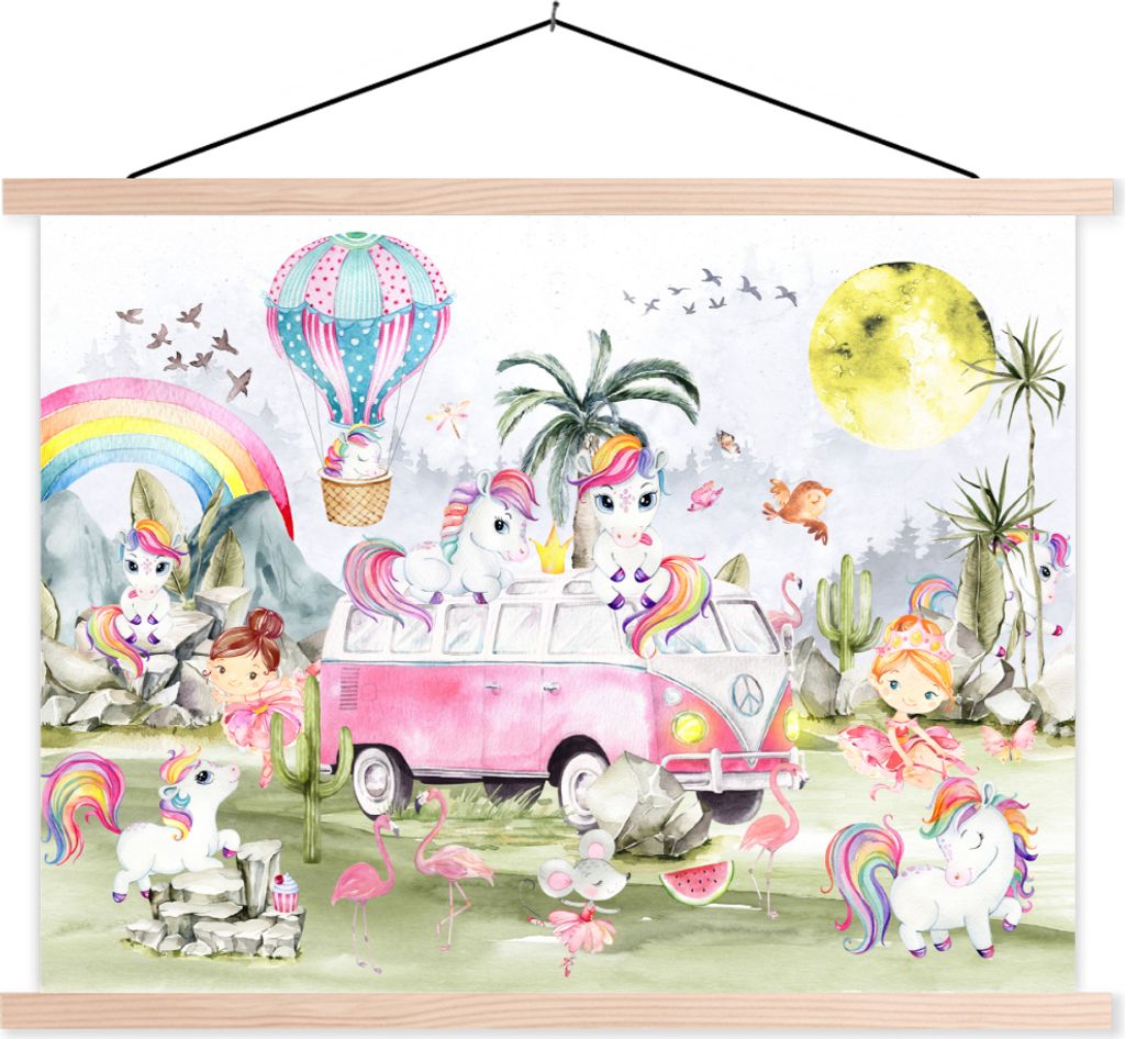 MuchoWow Textilposter Einhorn - Regenbogen - Kinder - Mädchen - Auto 40x30 cm mit holzfarbenen Rahmen - Bilder