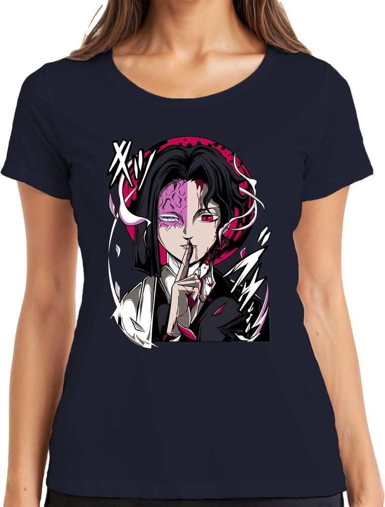 Anime Dämon Halbgesicht Blut Rotes Auge Psst Gothic Halloween Damen T-Shirt, Navy, XXL
