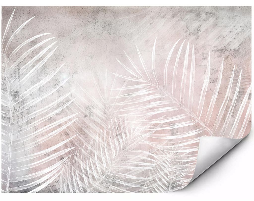 Fototapete Für Die Wand Weisse Palmenblätter Auf Rosa Grauem Hintergrund Zartes Tropisches Glamour Motiv Mit Aquarelleffekt 400x280 cm