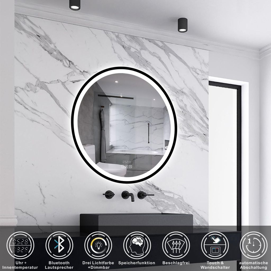 AICA LED Badspiegel Rund 100cm Beschlagfrei Bluetooth Uhr 3 Lichtfarbe Dimmbar Wandspiegel mit Schwarzem Rahmen IP44