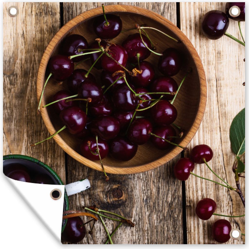 MuchoWow 100x100 cm Outdoor-Poster Gartendeko Sichtschutz Garten Poster für den Garten Kirsche - Schale - Holz
