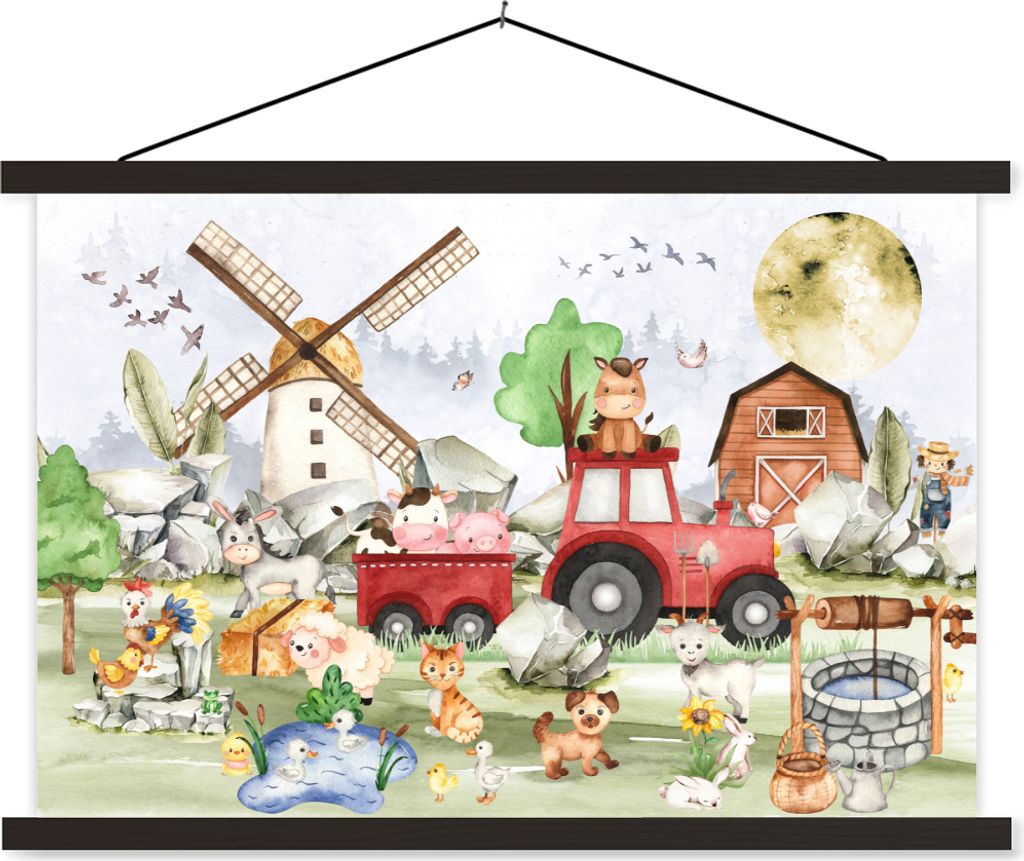 MuchoWow Textilposter Bauernhof - Traktor - Kinder - Tiere 60x40 cm mit schwarzem Rahmen - Hölzernes