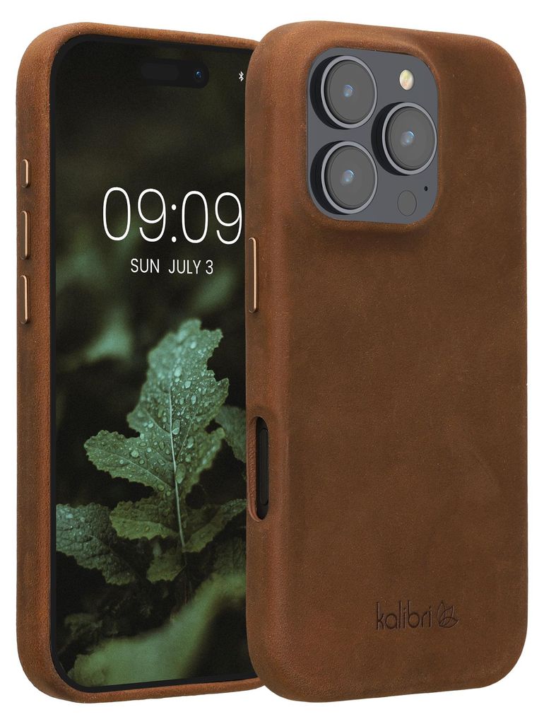 kalibri Schutzhülle kompatibel mit Apple iPhone 16 Pro - Hülle Leder - Hardcover Handy Cover Case Braun