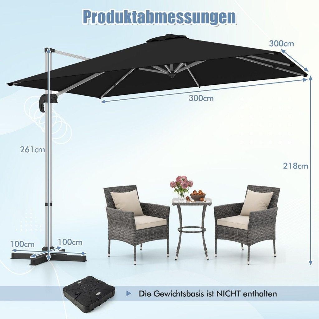 Sonnenschirm rechteckig 300 x 300 cm großer Ampelschirm mit Kurbel Schwarz