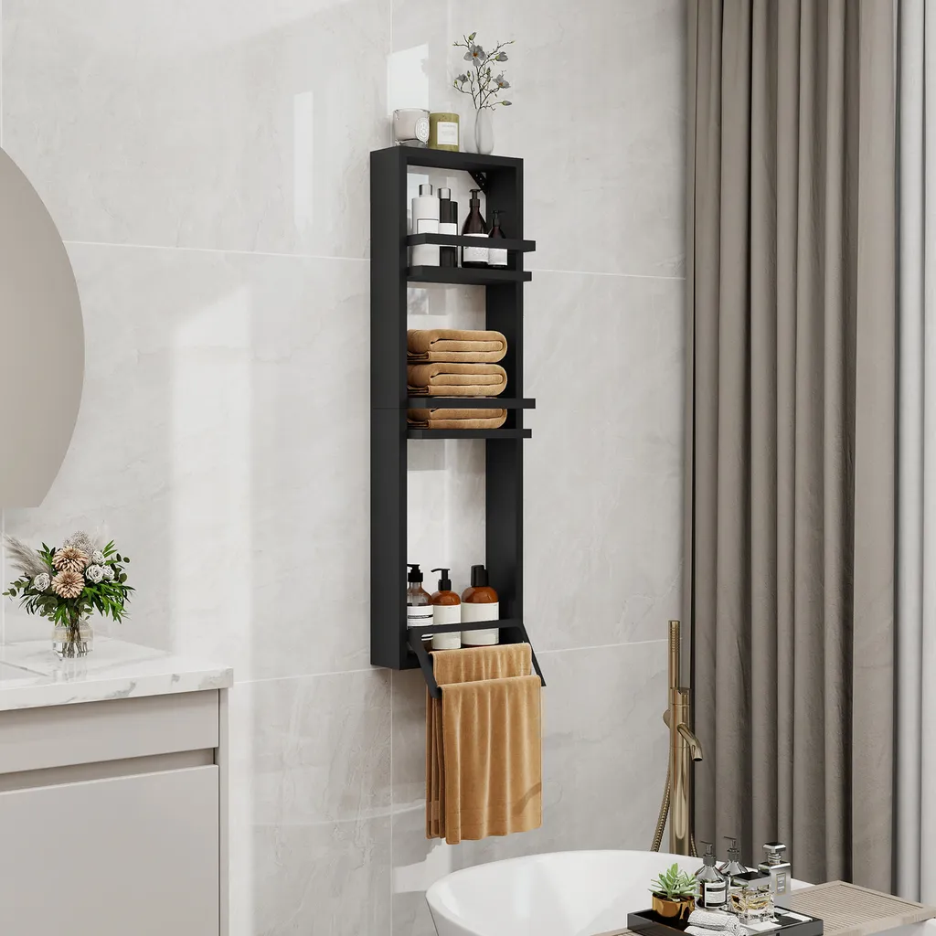 Porte-serviettes mural noir en métal étagère de rangement salle de bain