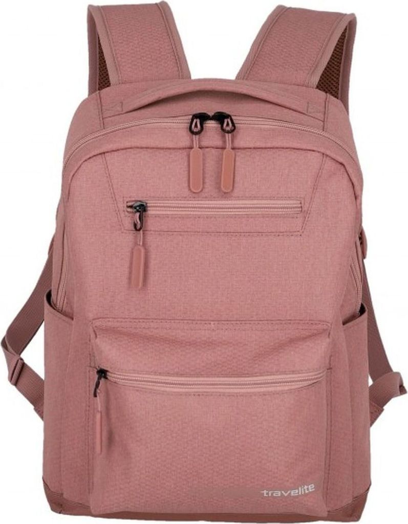 A pink Travelite KICK OFF backpack is shown against a white background.
