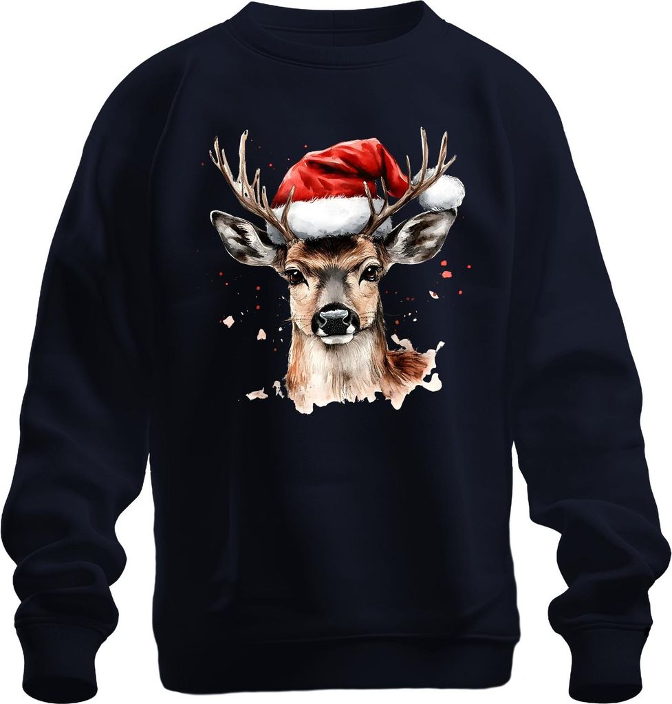 Rentier Nikolaushut Aquarell Weihnachten Geschenk Lustig Vintage Uni Sweatshirt Pullover, Navy, XXL