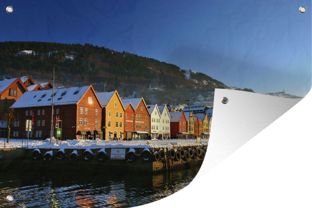 MuchoWow 60x40 cm Outdoor-Poster Gartendeko Sichtschutz Garten Poster für den Garten Verschneites Bryggen in Norwegen