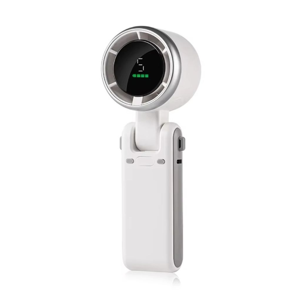 A white portable fan with a digital display.
