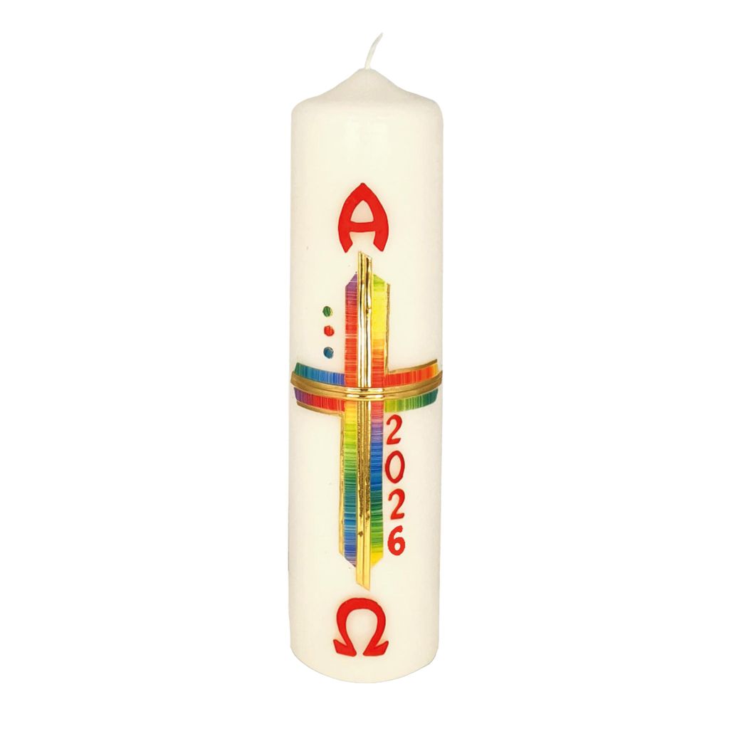 Osterkerze Regenbogenkreuz, A und O, Jahreszahl 270 x Ø 70 Produktbild 