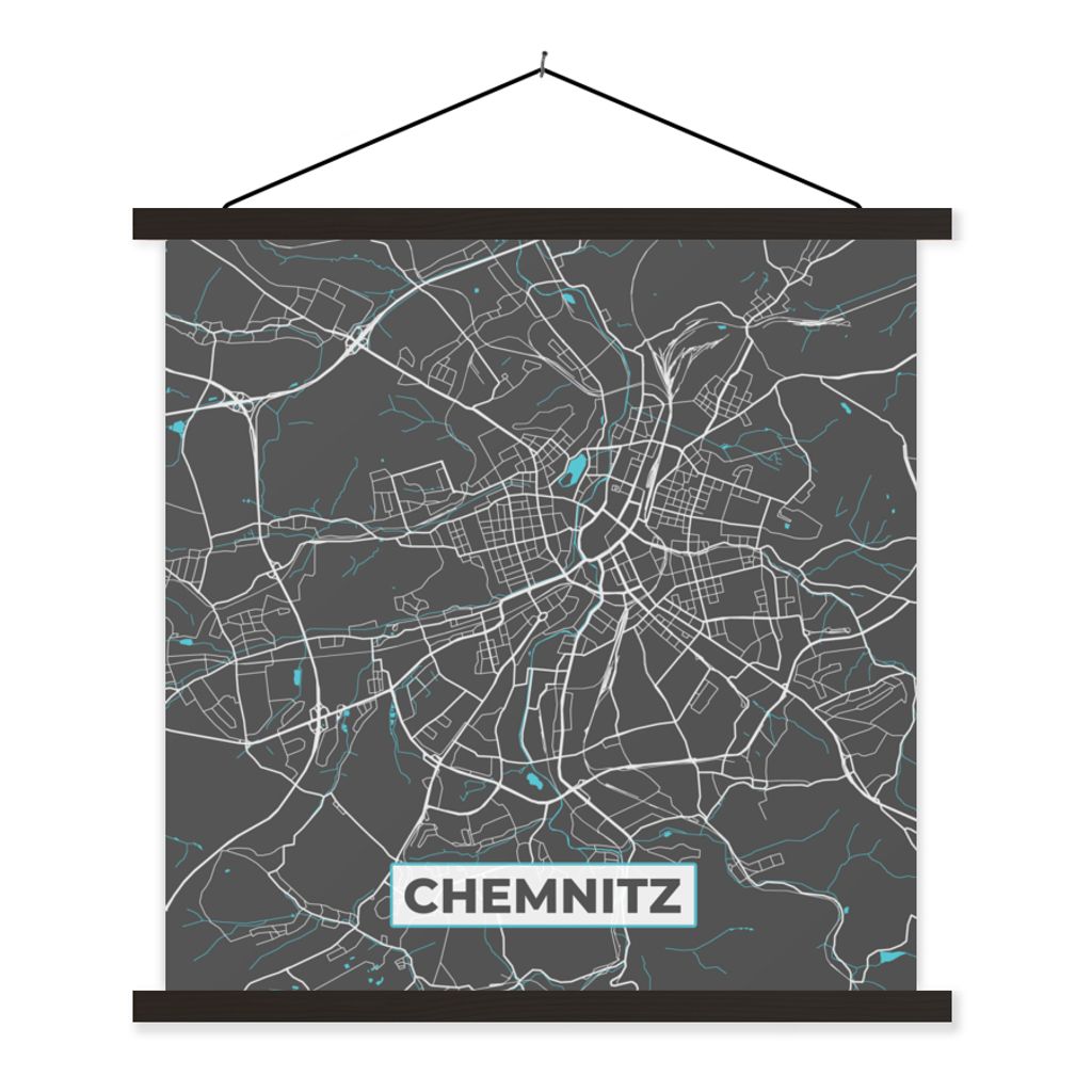 MuchoWow Textilposter Karte - Stadtplan - Chemnitz - Deutschland - Blau 120x120 cm mit schwarzem Rahmen - Aufhängungsset