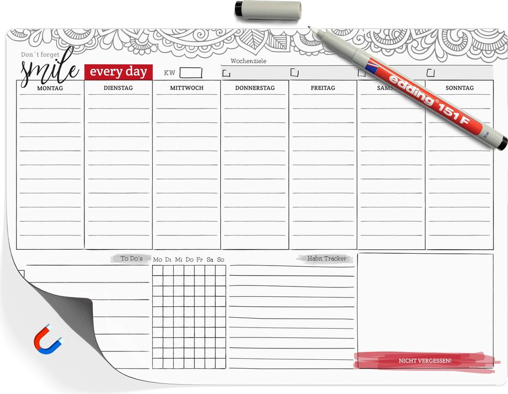 Wochenplaner magnetisch inkl. Stift - Terminplaner ohne Datum zum abwischen und wiederverwenden | Weekly Ziele setzen, to do listen block & Merklis...