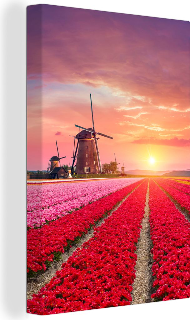 OneMillionCanvasses - Leinwandbilder - 90x140 cm, Blumen - Windmühle - Tulpen - Sonnenuntergang - Rosa, Wandbilder Kunstdruck Wanddekoration - F...