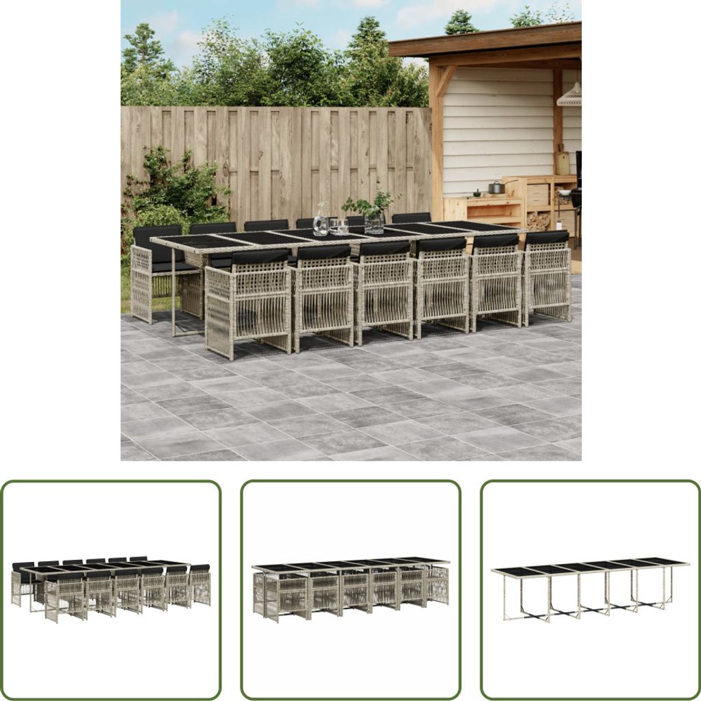 The Living Store 13-tlg. Garten-Essgruppe mit Kissen Hellgrau Poly Rattan