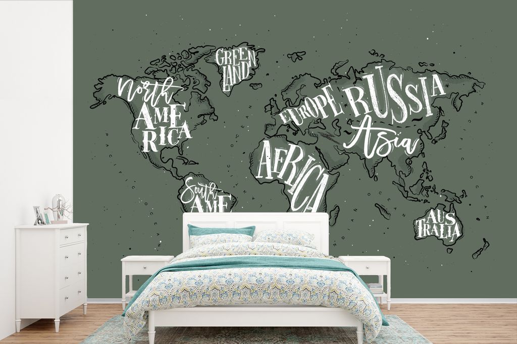 MuchoWow Fototapete für Wohnzimmer oder Schlafzimmer Wandtapete Vinyl Motivtapete Weltkarte - Grau - Weiß - 330x220 cm - Fototapeten
