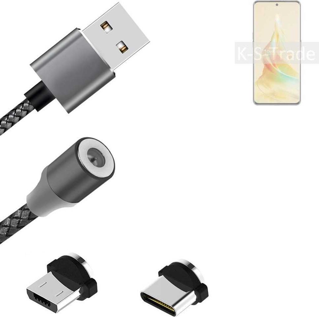 K-S-Trade Hochwertiges Magnet-Lade-kabel Sync-Kabel Daten-Kabel kompatibel mit Oppo Reno8 T 5G mit USB-Typ-C-Anschluss und Micro-USB-Anschluss 2A bis