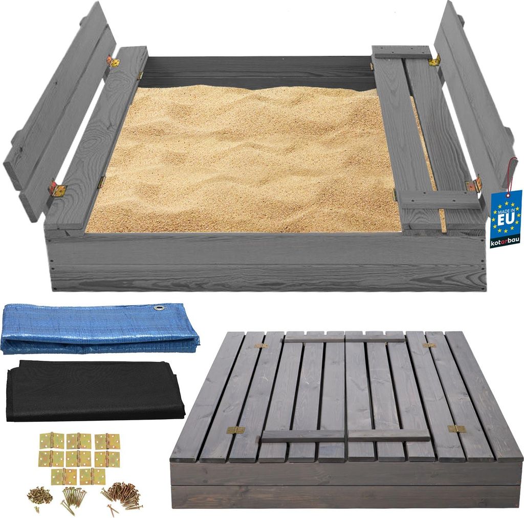 KOTARBAU Sandkasten mit Abdeckung 100 x 100 cm Grau Großer Holzsandkasten Sandkasten mit Sitzbank und Deckel Gartenspielzeug Kinder imprägniert...