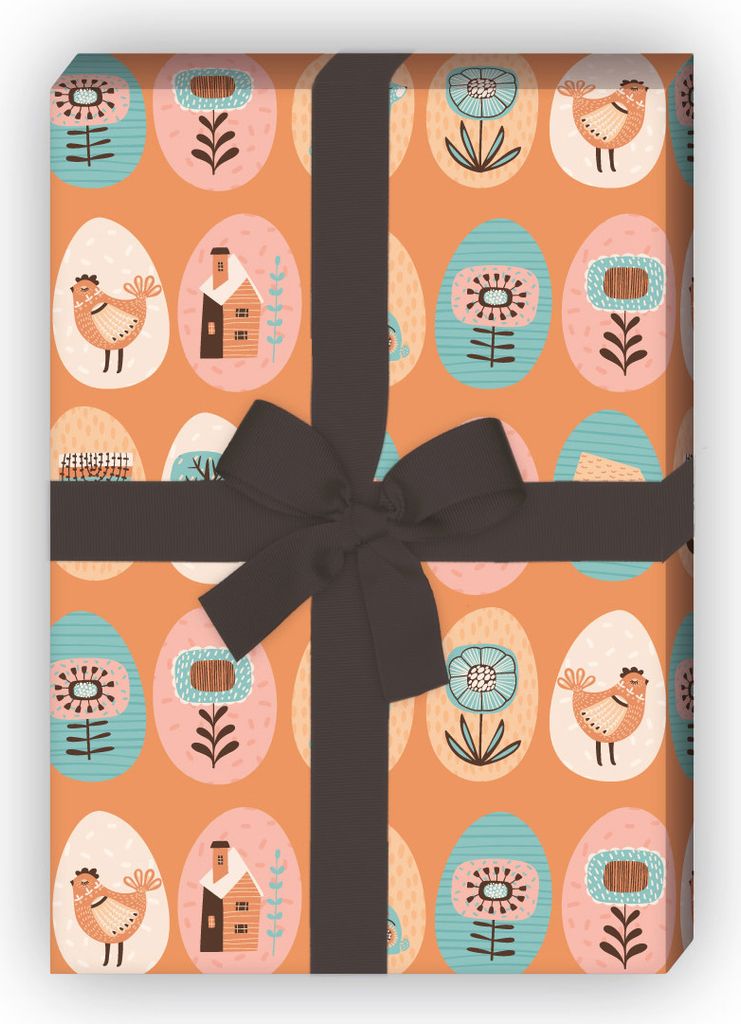 Ostereier Geschenkpapier mit aufgereihten folklore Ostereiern, orange - G11921, 32 x 48cm