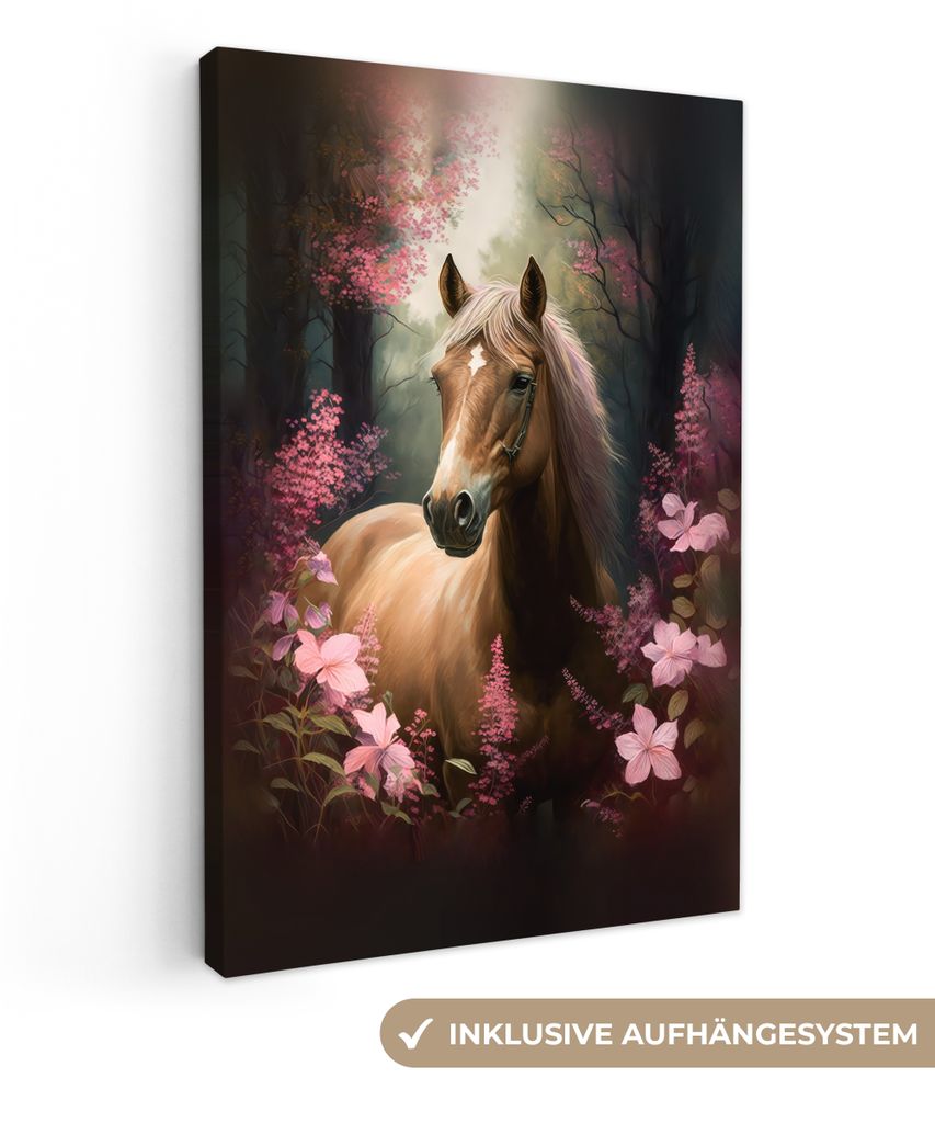 MuchoWow - Leinwandbilder - Pferd - Blumen - Rosa - Natur - Wald, Wandbild, Wanddeko Bilder Wohnzimmer, 20x30 cm