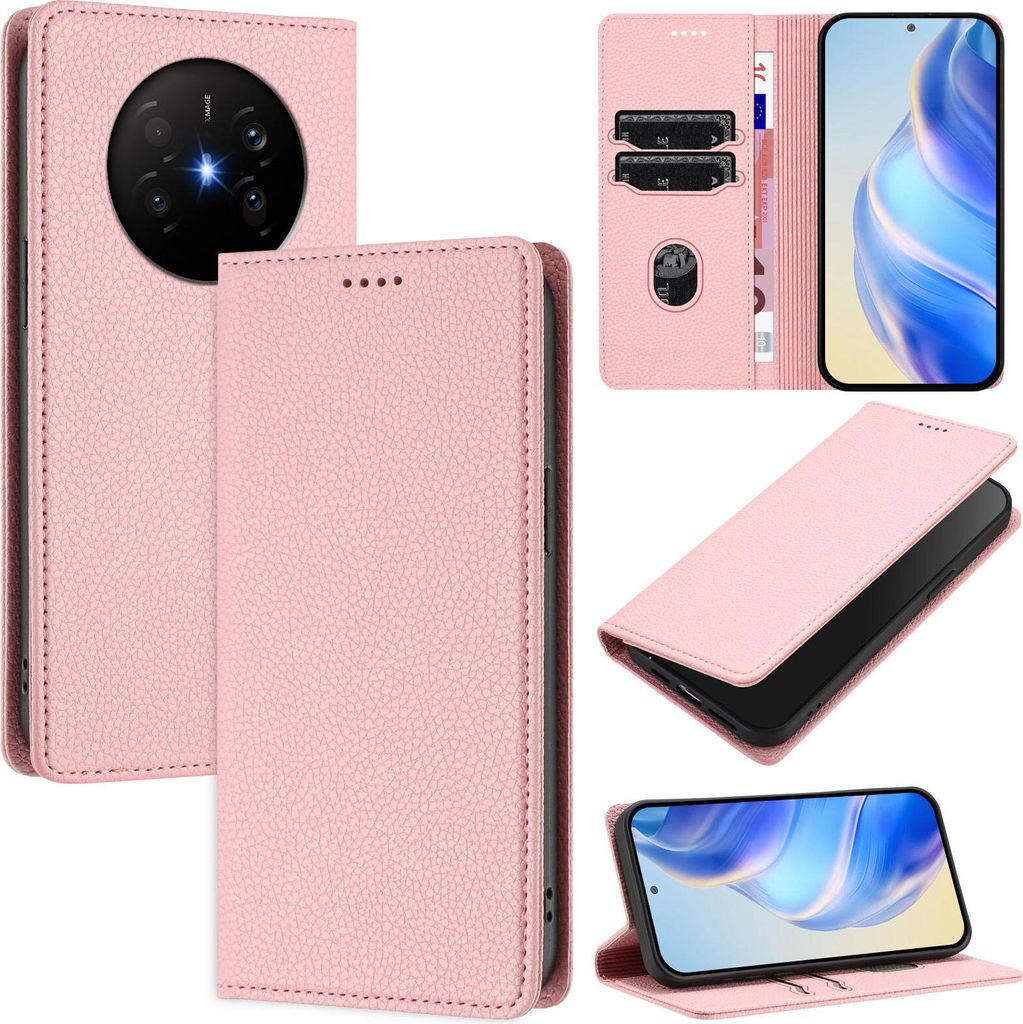 Litchi Leder Handyhülle für Huawei Mate 70 air Wallet Kartenfächer Standfunktion Hülle Pink