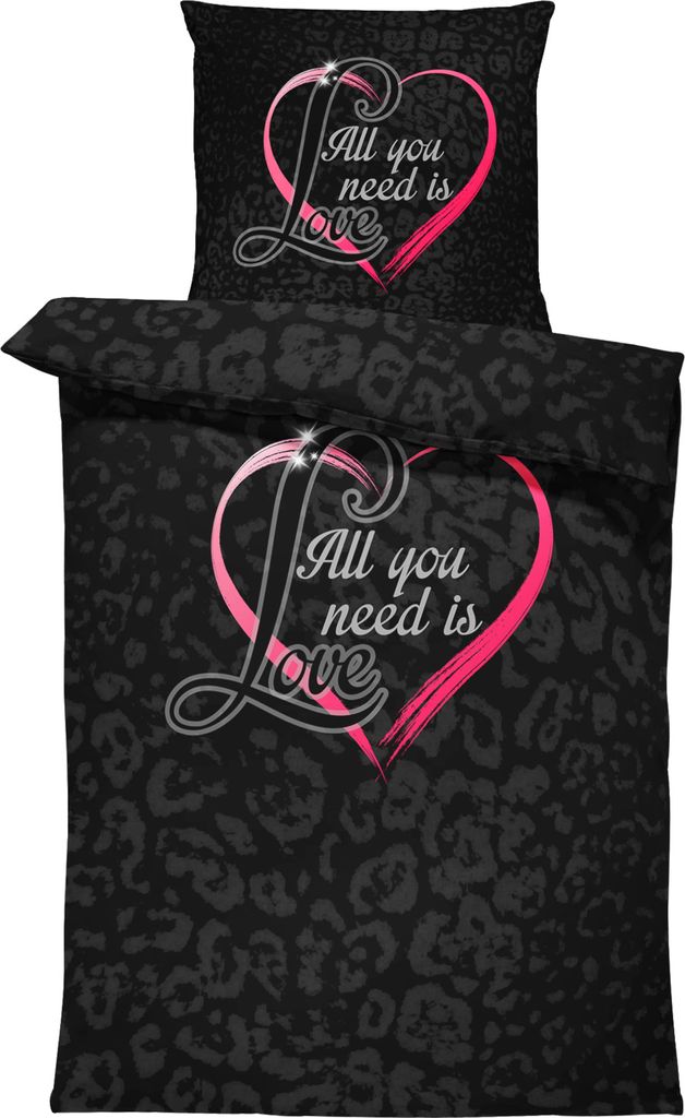 Bettwäsche 135x200 cm Leopardenfell Herzen Love anthrazit modern Mikrofaser