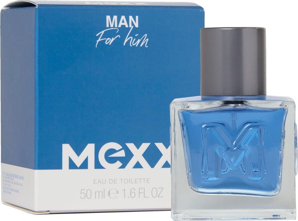 A bottle of Mexx Man For Him Eau de Toilette and its packaging are shown against a white background.
