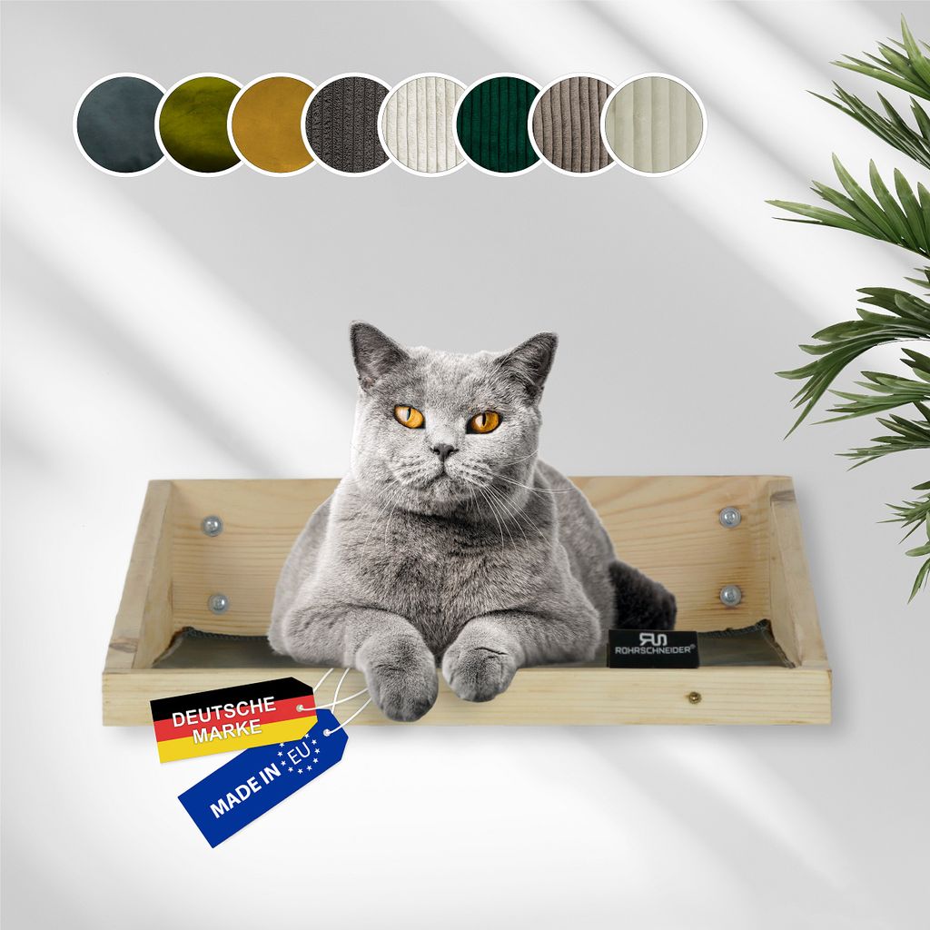 Rohrschneider Katzentreppe Wand | EU | Kletterwand Katzen mit waschbarem Kissen o. Stoffeinlage | Kiefernholz | Natur | belastbar bis 30 kg | B 40...
