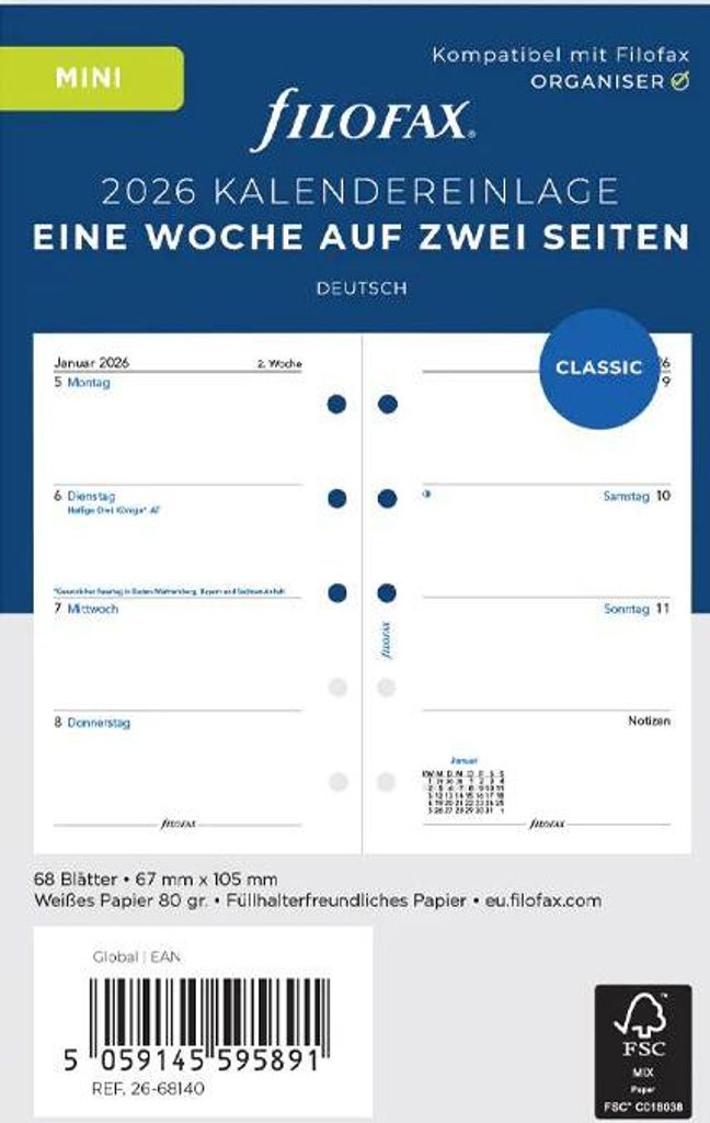 FILOFAX Kalendereinlage 2026 - Mini - 1 Woche = 2 Seiten - Produktbild 