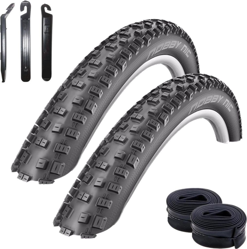 Angebot-Set / 2 x Schwalbe Nobby Nic ADDIX E-25 MTB E-Bike Fahrradreifen in Schwarz 57-584 (27.5 x 2.25) + 2 Schwalbe Schläuche DV19 inkl. 3 Reife...